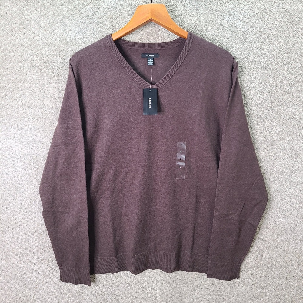 Alfani Sweater Mens Large Brown V Neck Cotton Blend Long Sleeve Soft NEW